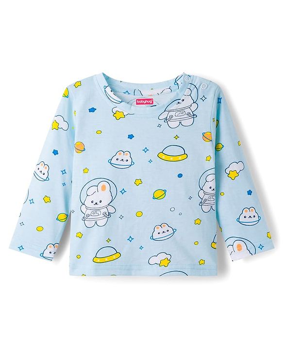Babyhug Cotton Knit Full Sleeves Co-ords Night Suit With Bunny Print - Light Blue