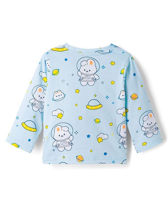 Babyhug Cotton Knit Full Sleeves Co-ords Night Suit With Bunny Print - Light Blue