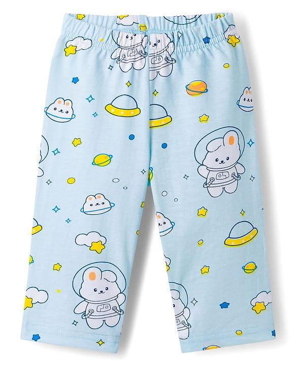 Babyhug Cotton Knit Full Sleeves Co-ords Night Suit With Bunny Print - Light Blue