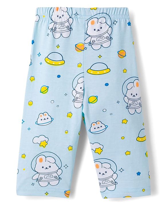 Babyhug Cotton Knit Full Sleeves Co-ords Night Suit With Bunny Print - Light Blue