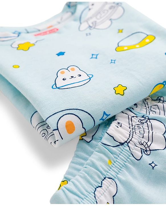 Babyhug Cotton Knit Full Sleeves Co-ords Night Suit With Bunny Print - Light Blue