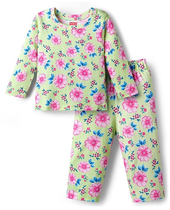 Babyhug Cotton Knit Full Sleeves T-Shirt & Pyjama Co-ord Night Suit With Floral Print - Light Green