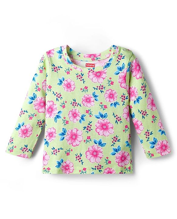 Babyhug Cotton Knit Full Sleeves T-Shirt & Pyjama Co-ord Night Suit With Floral Print - Light Green