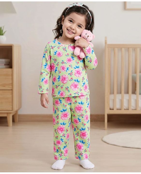Babyhug Cotton Knit Full Sleeves T-Shirt & Pyjama Co-ord Night Suit With Floral Print - Light Green