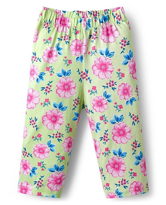 Babyhug Cotton Knit Full Sleeves T-Shirt & Pyjama Co-ord Night Suit With Floral Print - Light Green