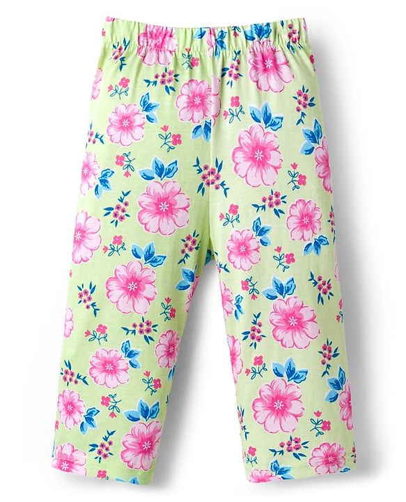 Babyhug Cotton Knit Full Sleeves T-Shirt & Pyjama Co-ord Night Suit With Floral Print - Light Green