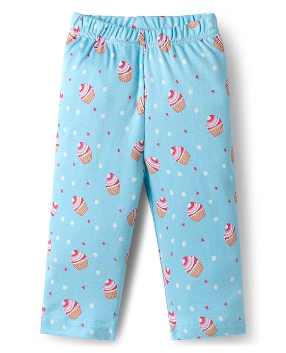 Babyhug Cotton Knit Full Sleeves T-Shirt & Pyjama Co-ord Night Suit With Cupcake Print - Light Blue