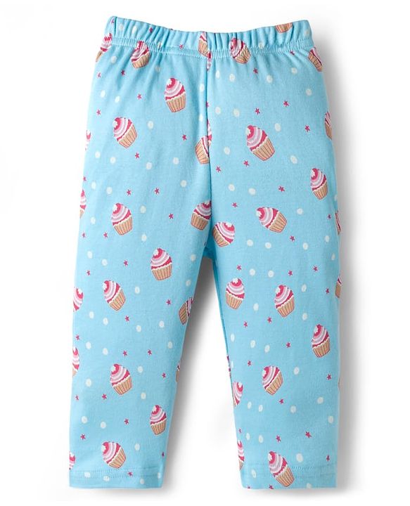 Babyhug Cotton Knit Full Sleeves T-Shirt & Pyjama Co-ord Night Suit With Cupcake Print - Light Blue