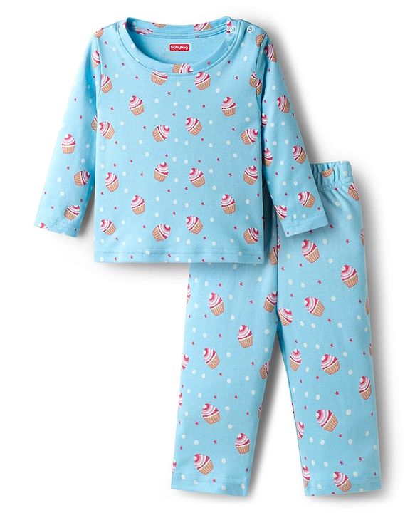 Babyhug Cotton Knit Full Sleeves T-Shirt & Pyjama Co-ord Night Suit With Cupcake Print - Light Blue