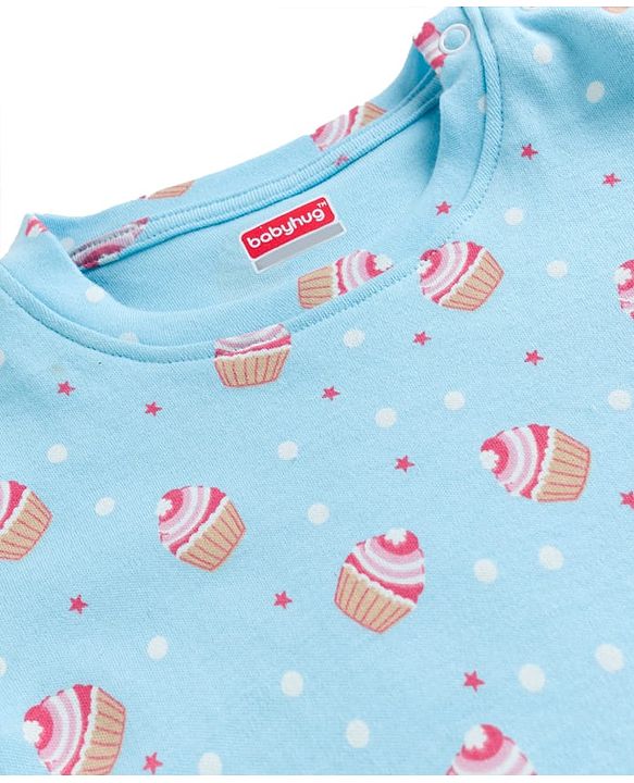 Babyhug Cotton Knit Full Sleeves T-Shirt & Pyjama Co-ord Night Suit With Cupcake Print - Light Blue