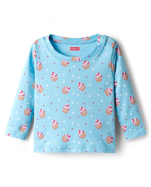 Babyhug Cotton Knit Full Sleeves T-Shirt & Pyjama Co-ord Night Suit With Cupcake Print - Light Blue