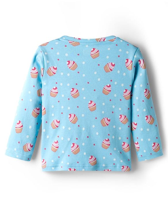 Babyhug Cotton Knit Full Sleeves T-Shirt & Pyjama Co-ord Night Suit With Cupcake Print - Light Blue