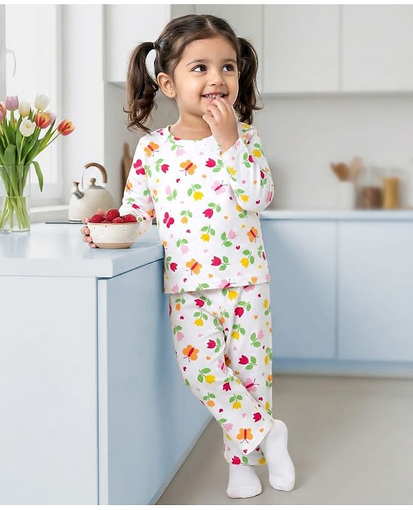 Babyhug Cotton Knit Full Sleeves T-Shirt & Pyjama Co-ord Night Suit With Floral & Butterfly Print - White
