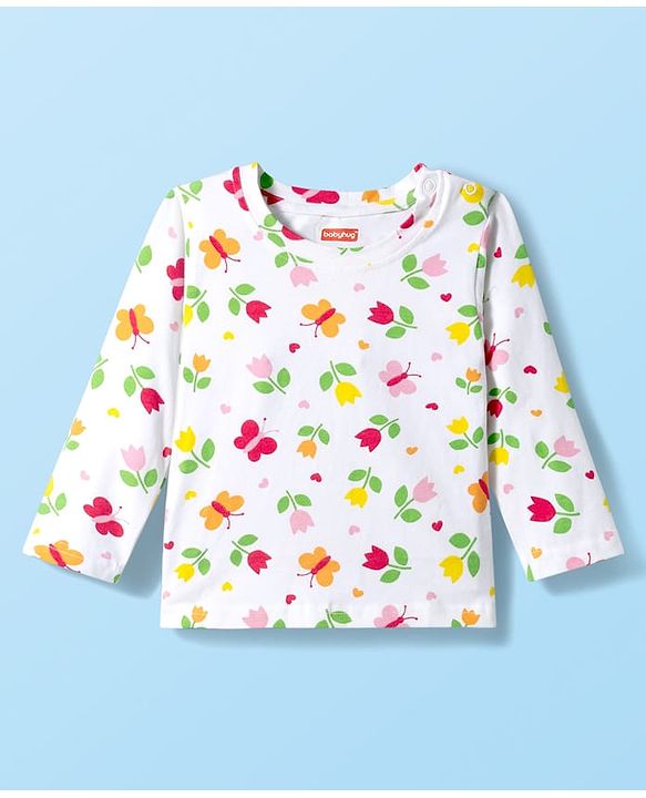 Babyhug Cotton Knit Full Sleeves T-Shirt & Pyjama Co-ord Night Suit With Floral & Butterfly Print - White