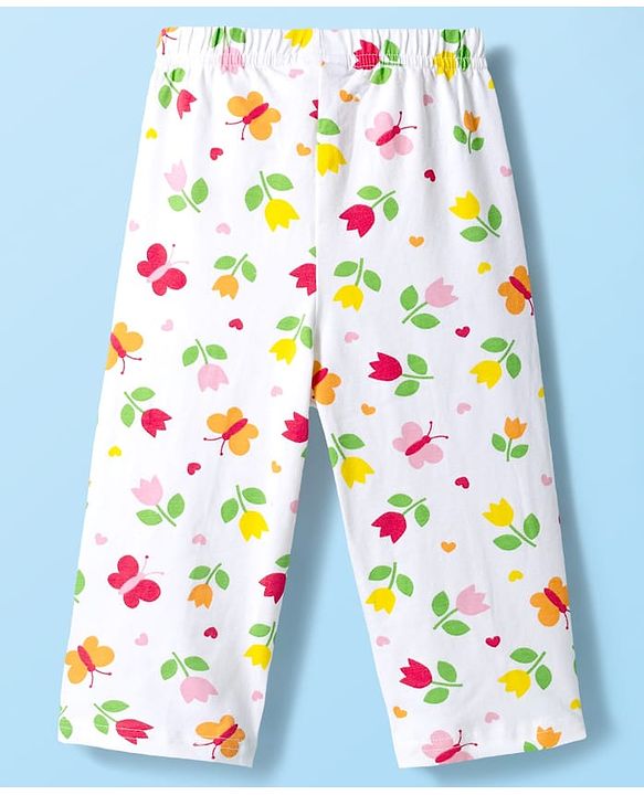 Babyhug Cotton Knit Full Sleeves T-Shirt & Pyjama Co-ord Night Suit With Floral & Butterfly Print - White