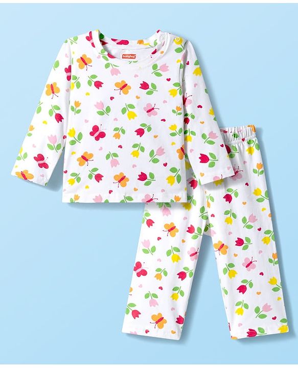 Babyhug Cotton Knit Full Sleeves T-Shirt & Pyjama Co-ord Night Suit With Floral & Butterfly Print - White