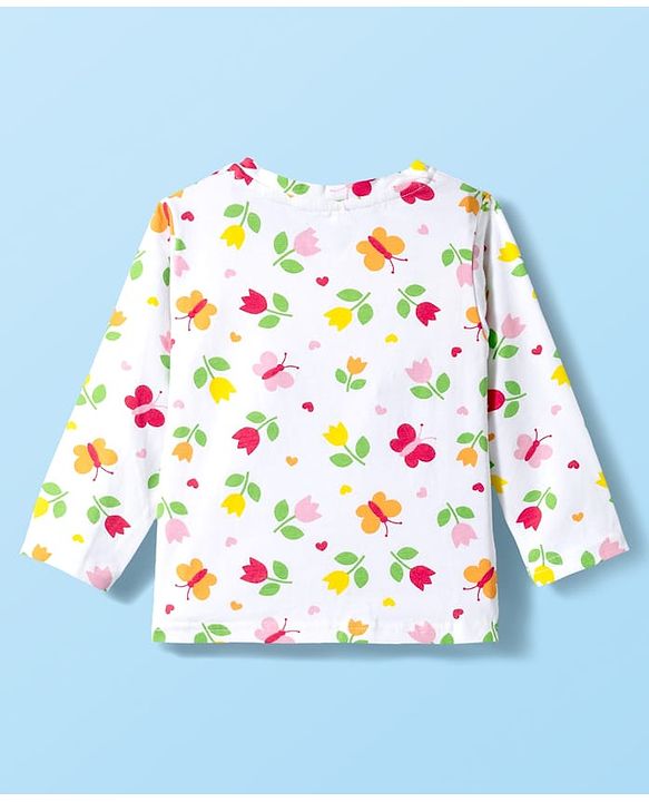 Babyhug Cotton Knit Full Sleeves T-Shirt & Pyjama Co-ord Night Suit With Floral & Butterfly Print - White