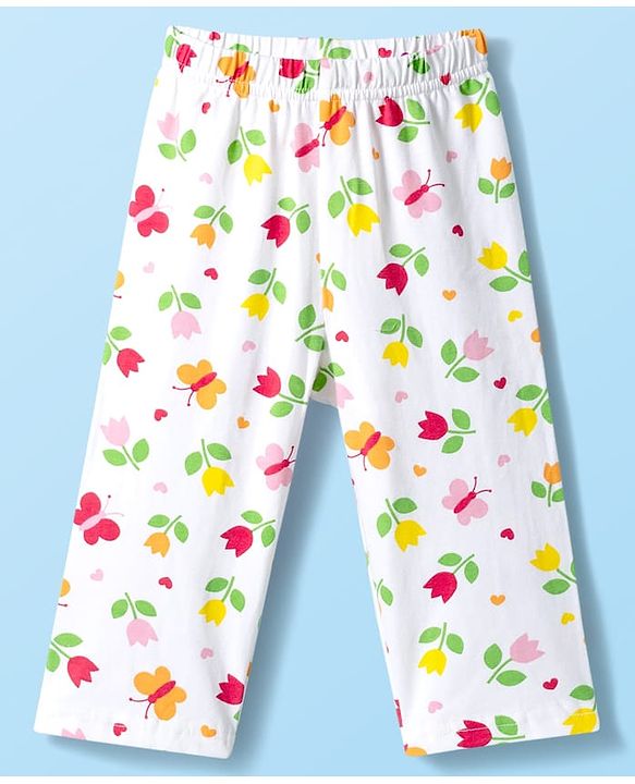 Babyhug Cotton Knit Full Sleeves T-Shirt & Pyjama Co-ord Night Suit With Floral & Butterfly Print - White