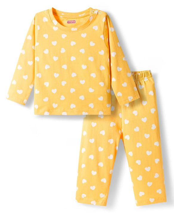 Babyhug Cotton Knit Full Sleeves T-Shirt & Pyjama Co-ord Night Suit With Heart Print - Yellow
