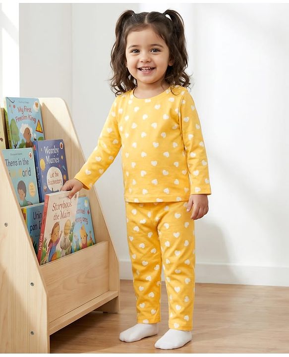 Babyhug Cotton Knit Full Sleeves T-Shirt & Pyjama Co-ord Night Suit With Heart Print - Yellow