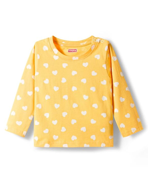 Babyhug Cotton Knit Full Sleeves T-Shirt & Pyjama Co-ord Night Suit With Heart Print - Yellow