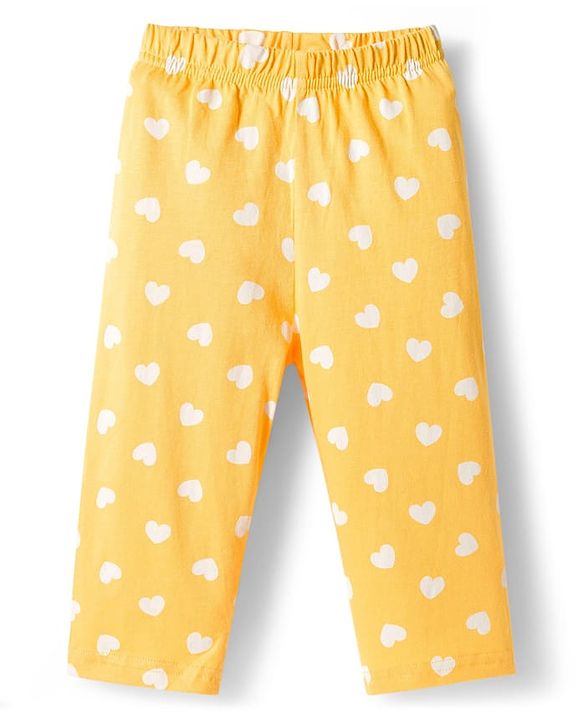 Babyhug Cotton Knit Full Sleeves T-Shirt & Pyjama Co-ord Night Suit With Heart Print - Yellow