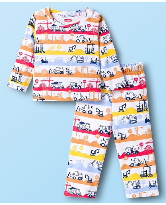 Babyhug Cotton Knit Full Sleeves T-Shirt & Pyjama Co-ord Night Suit With Vehicle Print - White