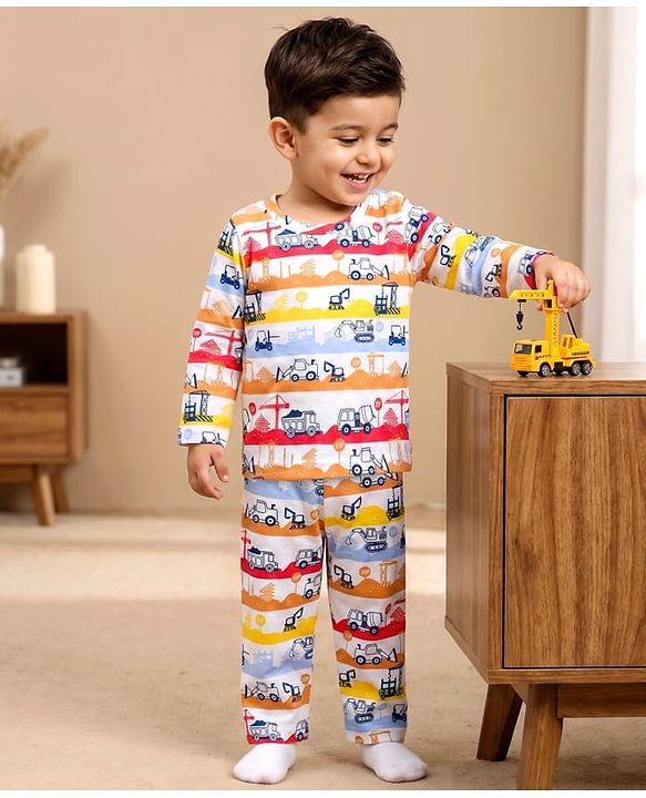 Babyhug Cotton Knit Full Sleeves T-Shirt & Pyjama Co-ord Night Suit With Vehicle Print - White