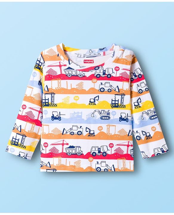 Babyhug Cotton Knit Full Sleeves T-Shirt & Pyjama Co-ord Night Suit With Vehicle Print - White