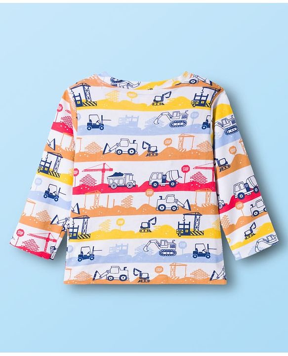 Babyhug Cotton Knit Full Sleeves T-Shirt & Pyjama Co-ord Night Suit With Vehicle Print - White