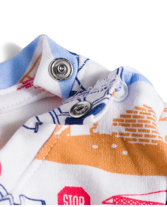 Babyhug Cotton Knit Full Sleeves T-Shirt & Pyjama Co-ord Night Suit With Vehicle Print - White