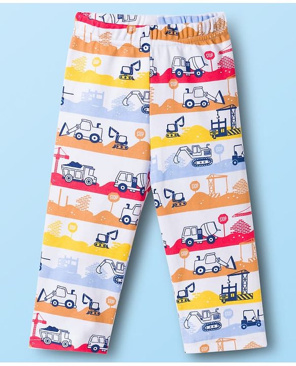 Babyhug Cotton Knit Full Sleeves T-Shirt & Pyjama Co-ord Night Suit With Vehicle Print - White