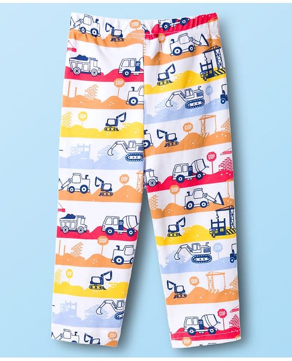 Babyhug Cotton Knit Full Sleeves T-Shirt & Pyjama Co-ord Night Suit With Vehicle Print - White