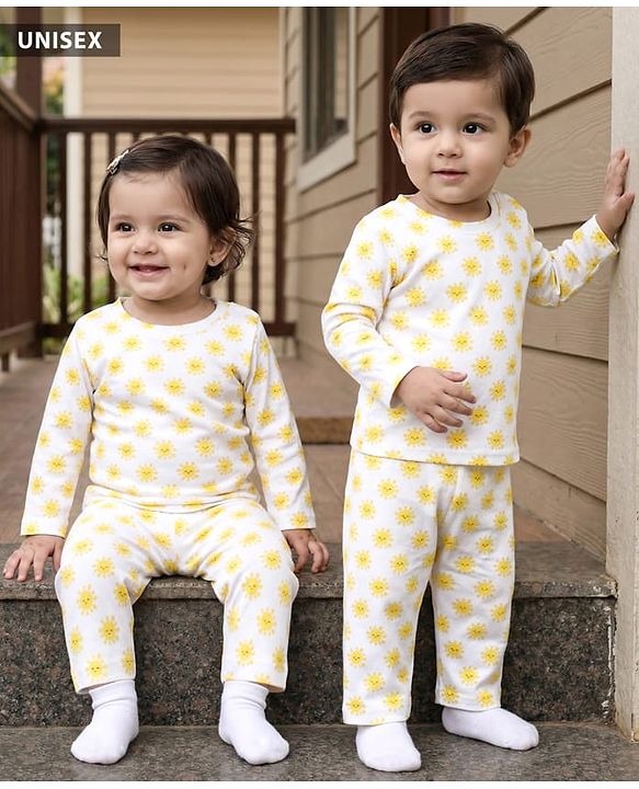Babyhug Cotton Knit Full Sleeves T-Shirt & Pyjama Co-ord Night Suit With Sun Print - White