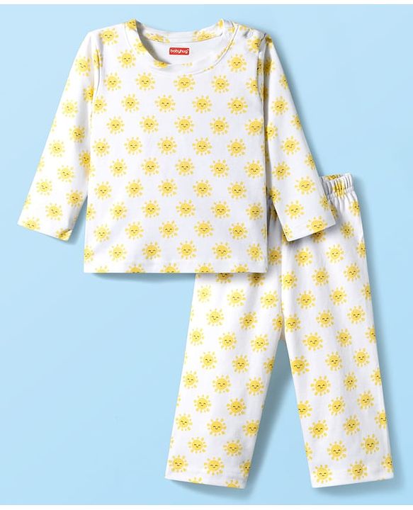 Babyhug Cotton Knit Full Sleeves T-Shirt & Pyjama Co-ord Night Suit With Sun Print - White