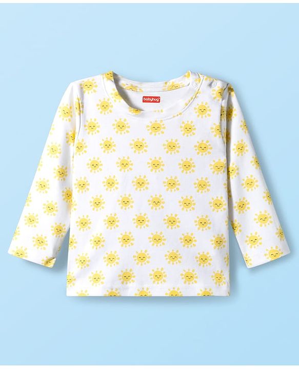 Babyhug Cotton Knit Full Sleeves T-Shirt & Pyjama Co-ord Night Suit With Sun Print - White