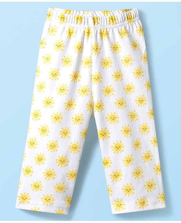 Babyhug Cotton Knit Full Sleeves T-Shirt & Pyjama Co-ord Night Suit With Sun Print - White