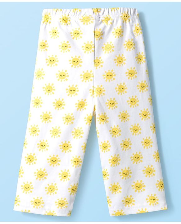 Babyhug Cotton Knit Full Sleeves T-Shirt & Pyjama Co-ord Night Suit With Sun Print - White