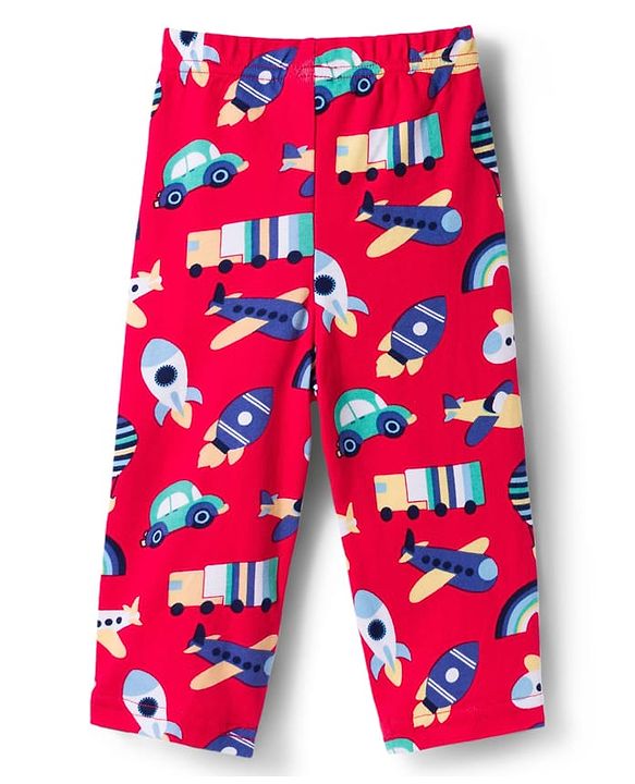 Babyhug Cotton Knit Full Sleeves T-Shirt & Pyjama Co-ord Night Suit With Vehicle Print - Red