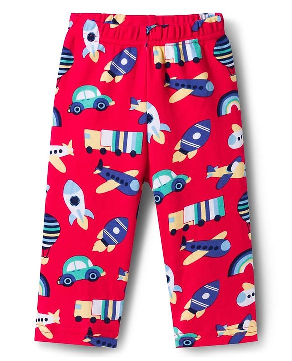 Babyhug Cotton Knit Full Sleeves T-Shirt & Pyjama Co-ord Night Suit With Vehicle Print - Red