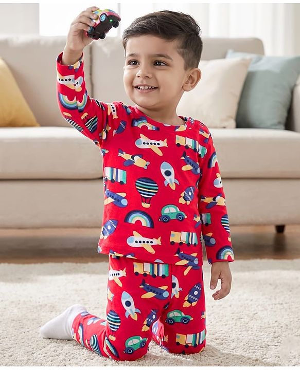 Babyhug Cotton Knit Full Sleeves T-Shirt & Pyjama Co-ord Night Suit With Vehicle Print - Red