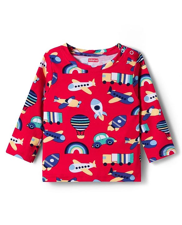 Babyhug Cotton Knit Full Sleeves T-Shirt & Pyjama Co-ord Night Suit With Vehicle Print - Red