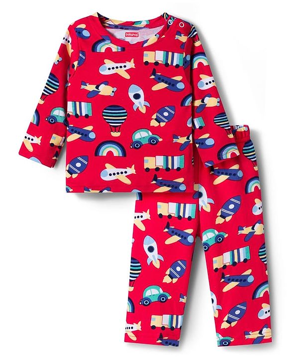 Babyhug Cotton Knit Full Sleeves T-Shirt & Pyjama Co-ord Night Suit With Vehicle Print - Red