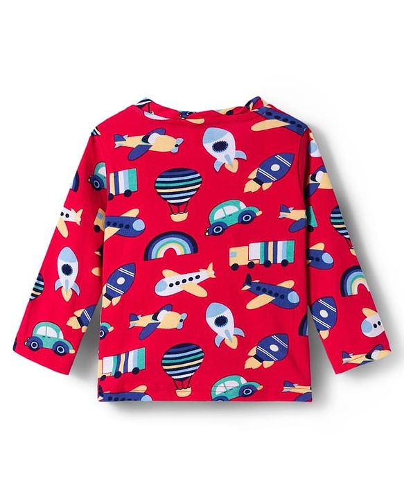 Babyhug Cotton Knit Full Sleeves T-Shirt & Pyjama Co-ord Night Suit With Vehicle Print - Red