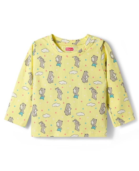 Babyhug Cotton Knit Full Sleeves T-Shirt & Pyjama Co-ord Night Suit With Animal Print - Yellow