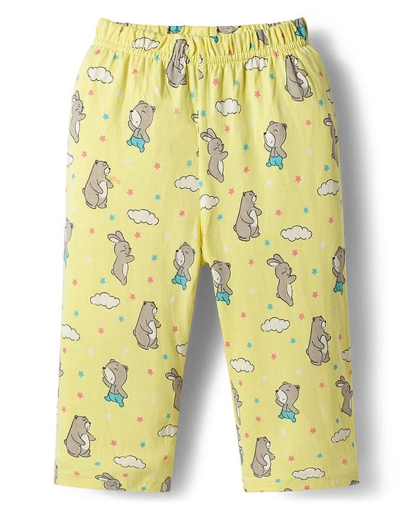 Babyhug Cotton Knit Full Sleeves T-Shirt & Pyjama Co-ord Night Suit With Animal Print - Yellow