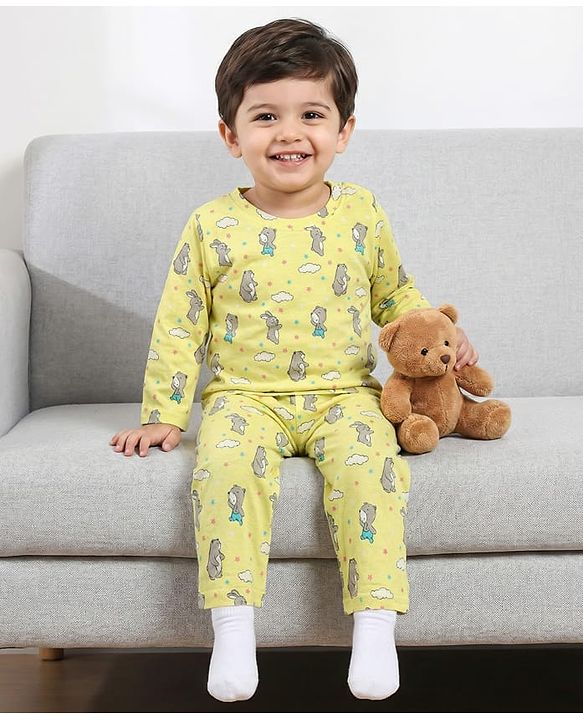 Babyhug Cotton Knit Full Sleeves T-Shirt & Pyjama Co-ord Night Suit With Animal Print - Yellow
