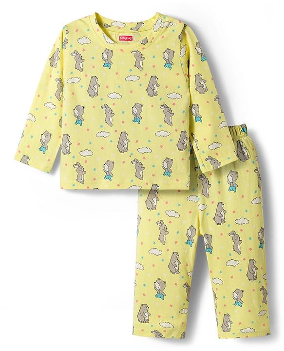 Babyhug Cotton Knit Full Sleeves T-Shirt & Pyjama Co-ord Night Suit With Animal Print - Yellow
