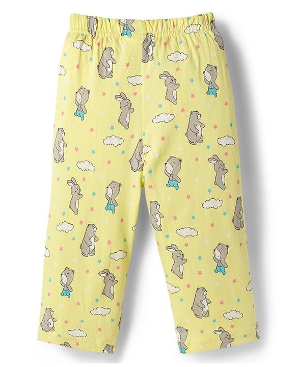Babyhug Cotton Knit Full Sleeves T-Shirt & Pyjama Co-ord Night Suit With Animal Print - Yellow