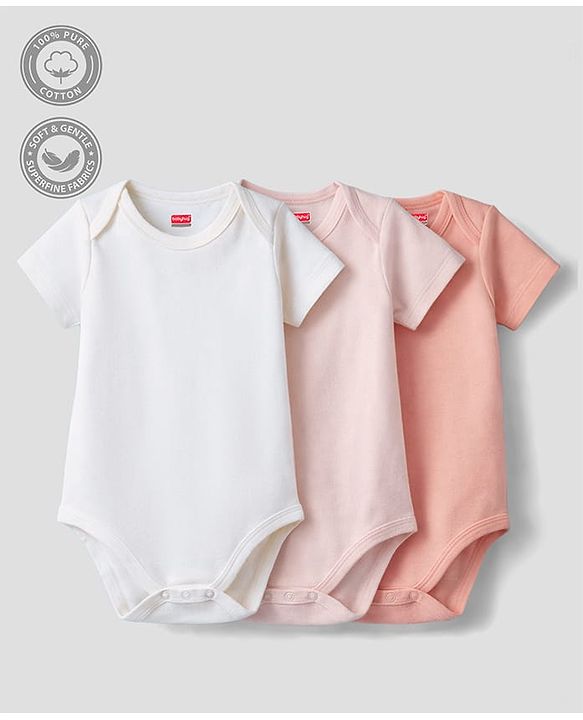 Babyhug 100% Pure Superfine Cotton Knit Half Sleeves Solid Onesies Pack of 3 - Multicolor